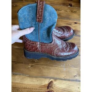 Ariat Womens Fatbaby Brown And Blue Ostrich Leather Western Boots Size US 7 B
